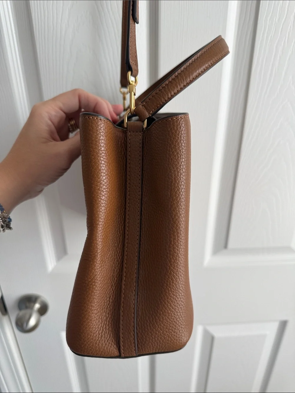 Tory Burch Brown Pebbled Leather Satchel with Top Handle & Adjustable Strap